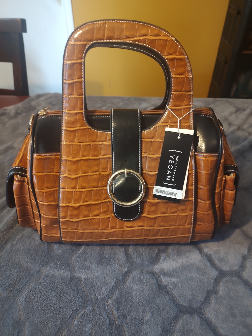 Vegan Croc-Embossed Satchel Handbag in Cognac with Black Trim